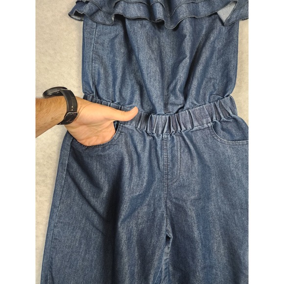 Gold Drama Girl's Sz M VTG Y2k Chambray Elastic Waist Strapless Jumpsuit - Picture 3 of 13